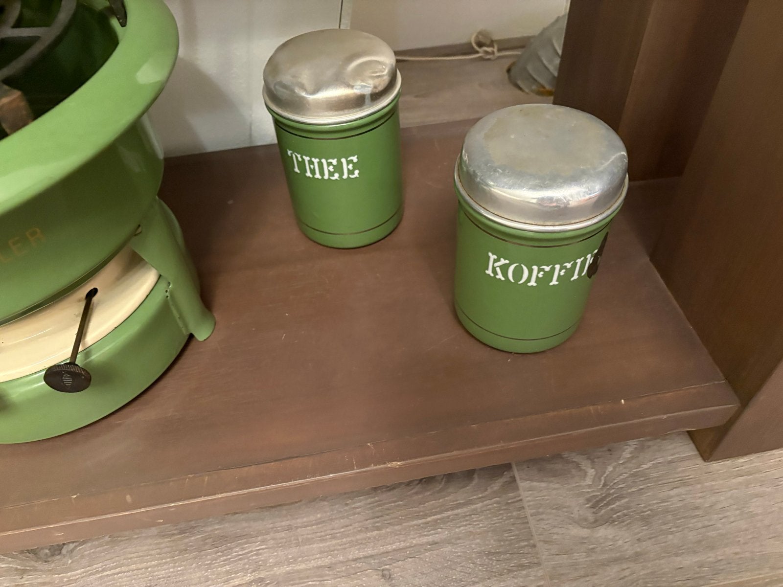 Set van 4 vintage voorraadpotten: koffie, thee, suiker, besc, Ophalen
