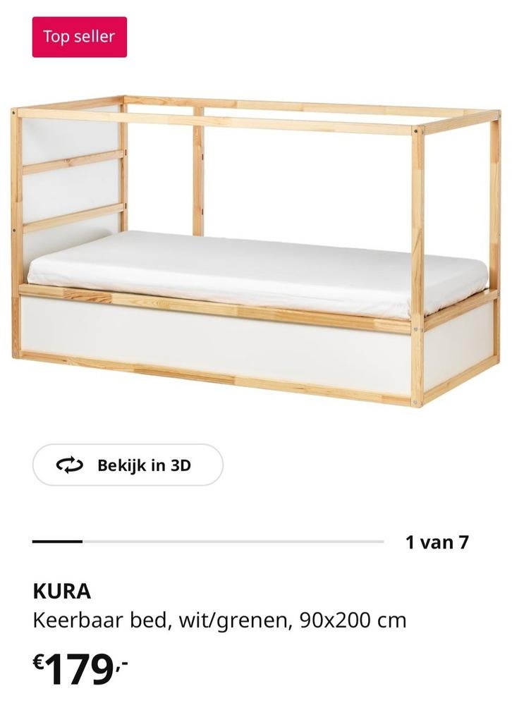 IKEA KURA omkeerbaar bed, wit/grenen, 90x200 cm, Ophalen, 85 tot 100 cm, Lattenbodem, Zo goed als nieuw