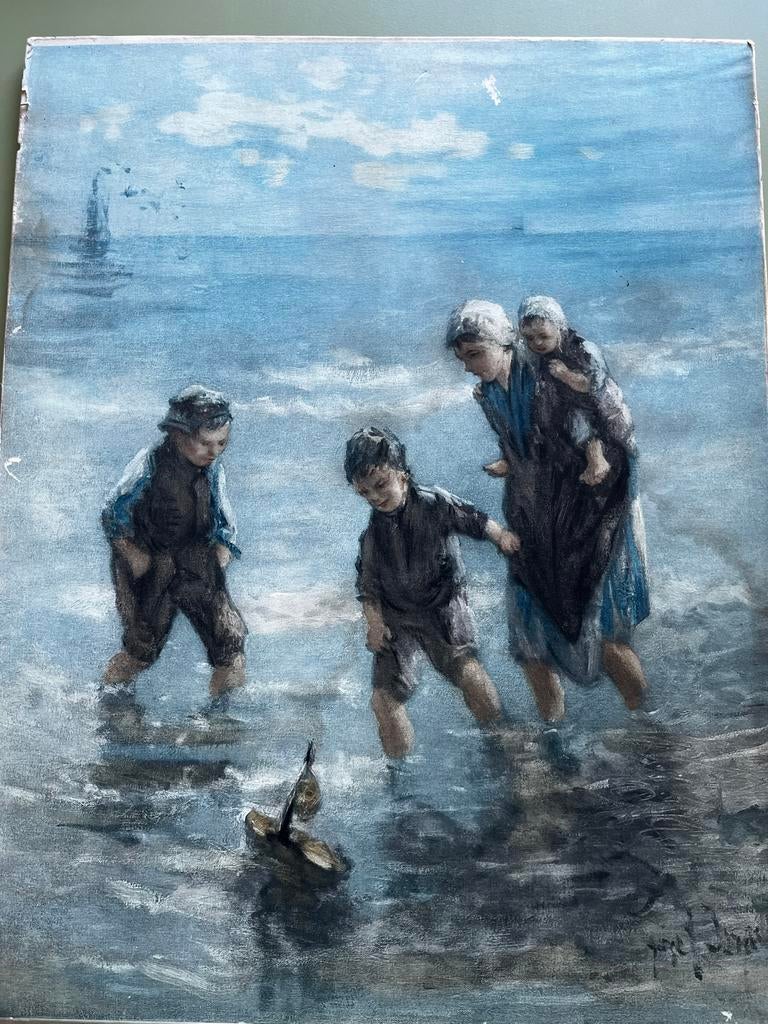 Oude prent Kinderen spelen met bootje aan zee, Ophalen of Verzenden