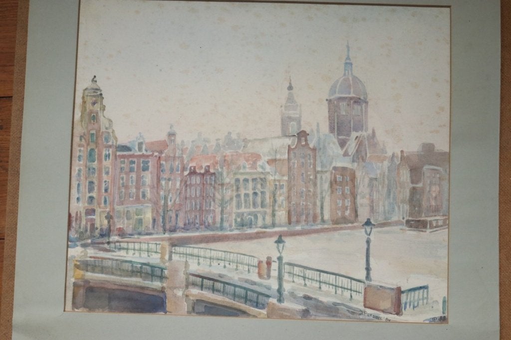 Aquarel Amsterdam stadsgezicht - J. Parson, 1984, Ophalen, Aquarel, Papier/karton, Gesigneerd