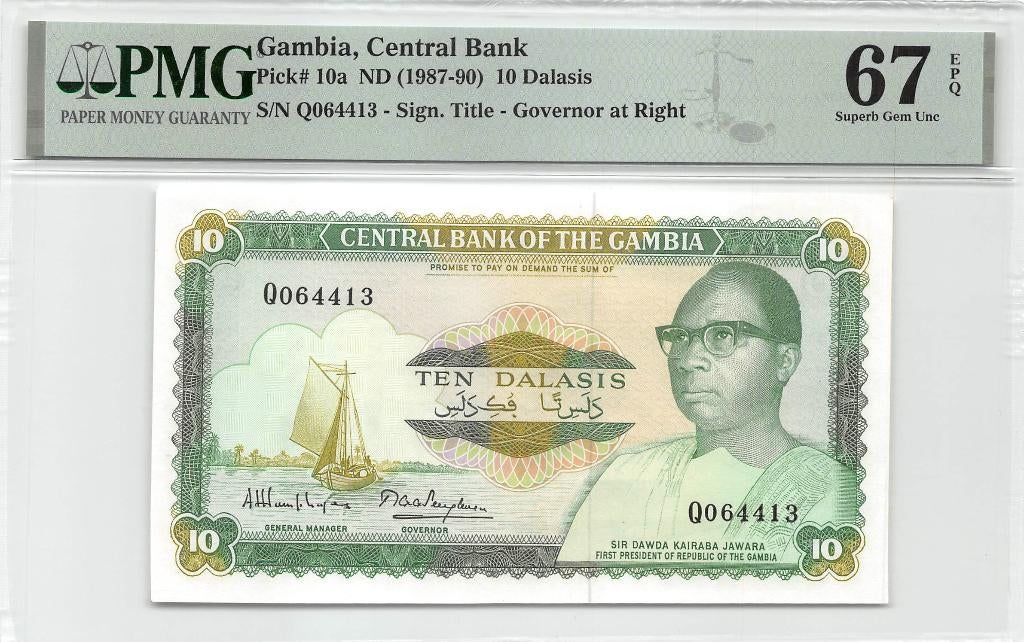 Gambia 10 Dalasis 1987 Unc PMG 67 EPQ, Ophalen of Verzenden, Overige landen, Los biljet