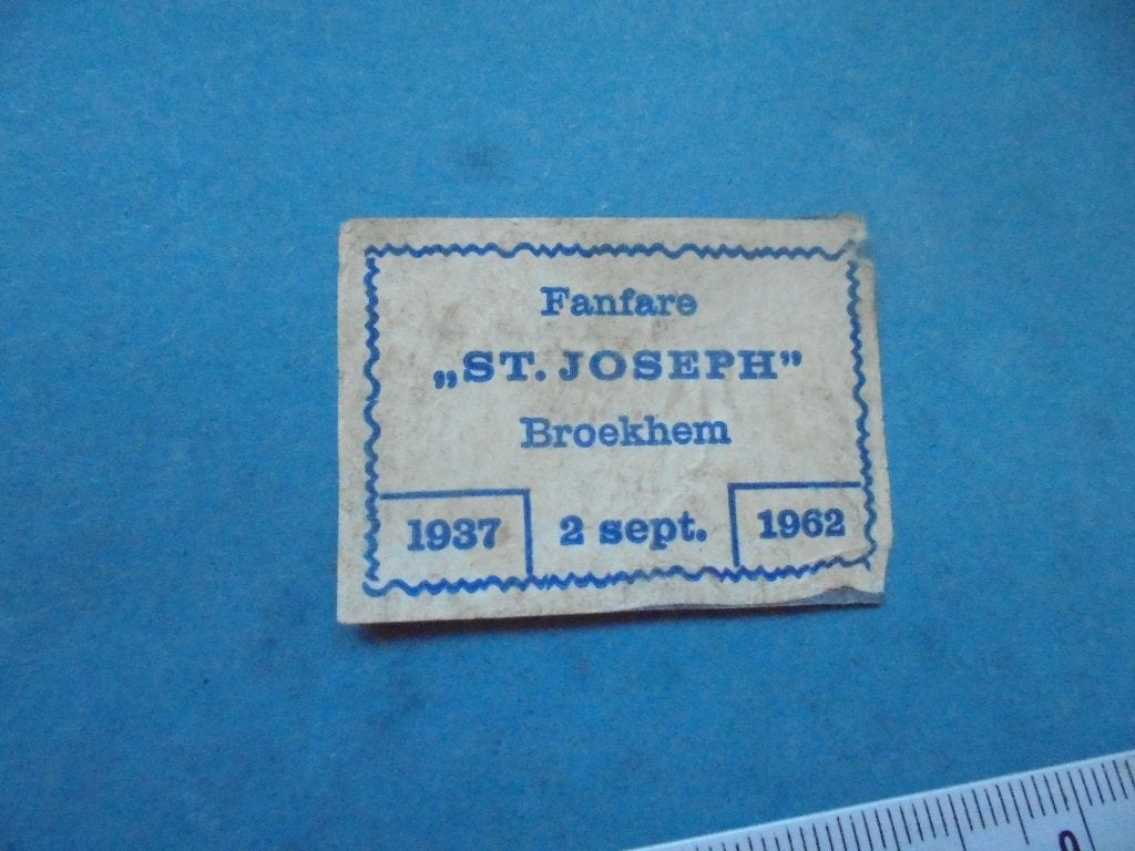 Oud luciferetiket Fanfare St. Joseph in BROEKHEM, Verzamelen, Ophalen of Verzenden, Gebruikt, Luciferdoosjes of -merken
