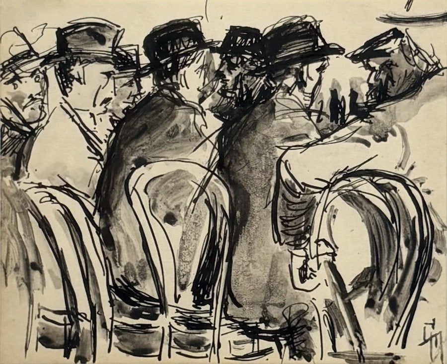 1021. Inkttekening, George Martens – bierklanten, 20e eeuw, Ophalen of Verzenden, Tekening, Overige technieken, Achter glas