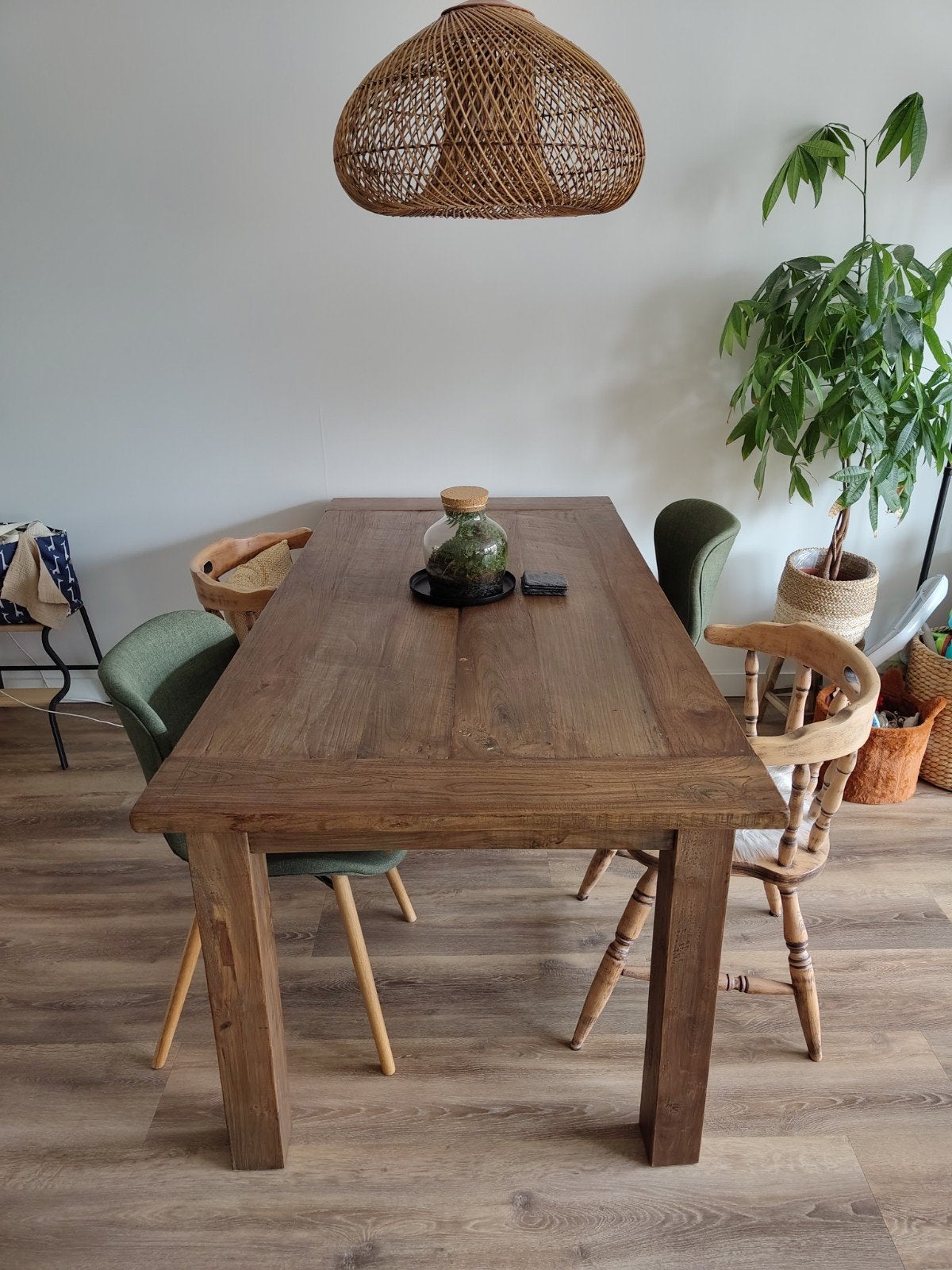 Handgemaakte teakhouten eetkamertafel, Ophalen, Gebruikt, Landelijk, Robuust, Teakhout