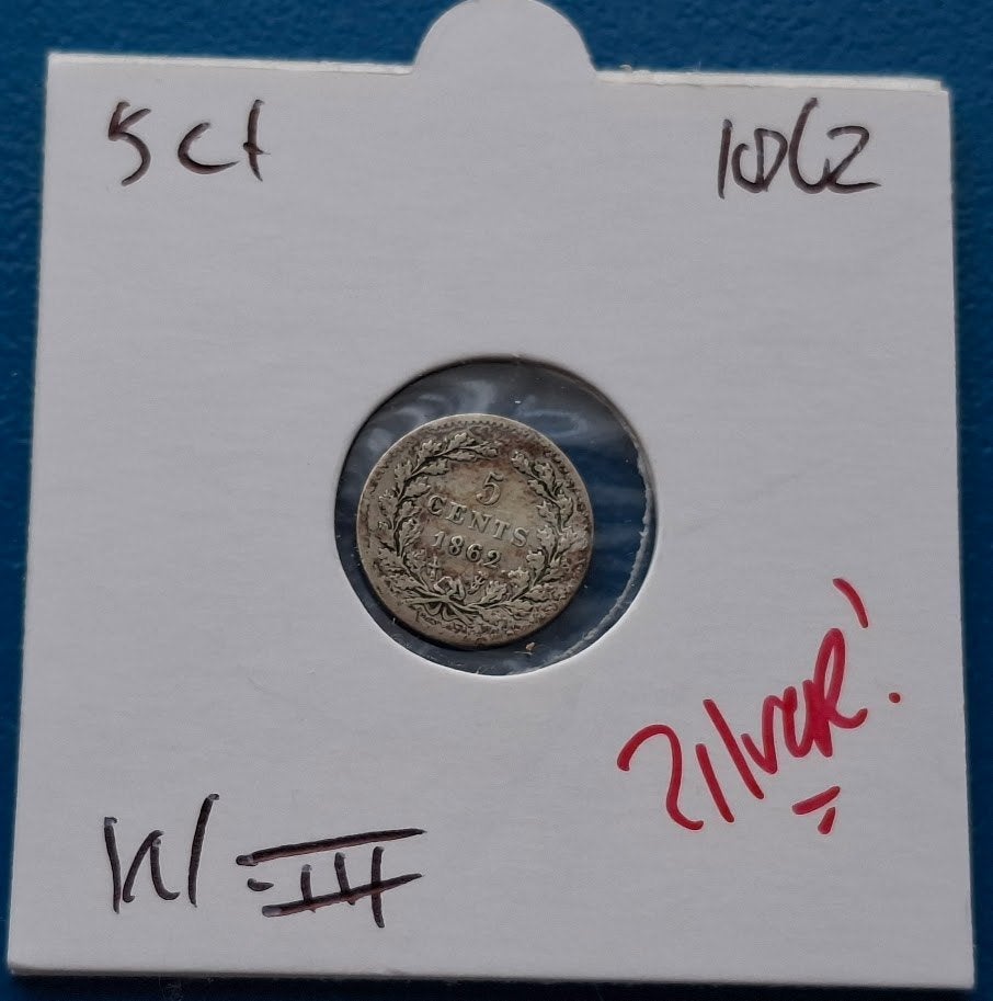 Nederland 5 cent 1862 - Willem III*, Koning Willem III, Verzenden, Zilver, Losse munt