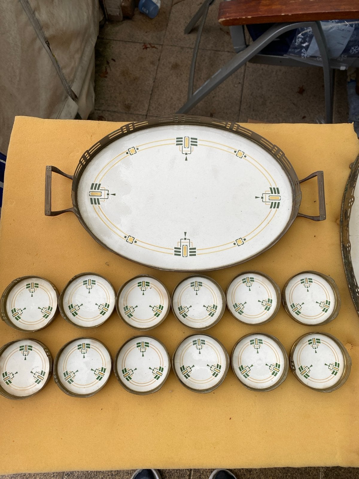 Vintage Art Deco dienblad met 12 onderzetters, Antiek en Kunst, Ophalen of Verzenden