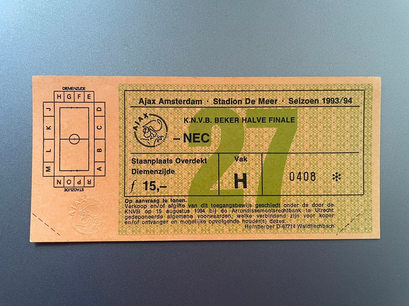 Ticket Ajax - NEC halve finale KNVB beker (93/94), Verzenden, Zo goed als nieuw, Ajax, Overige typen