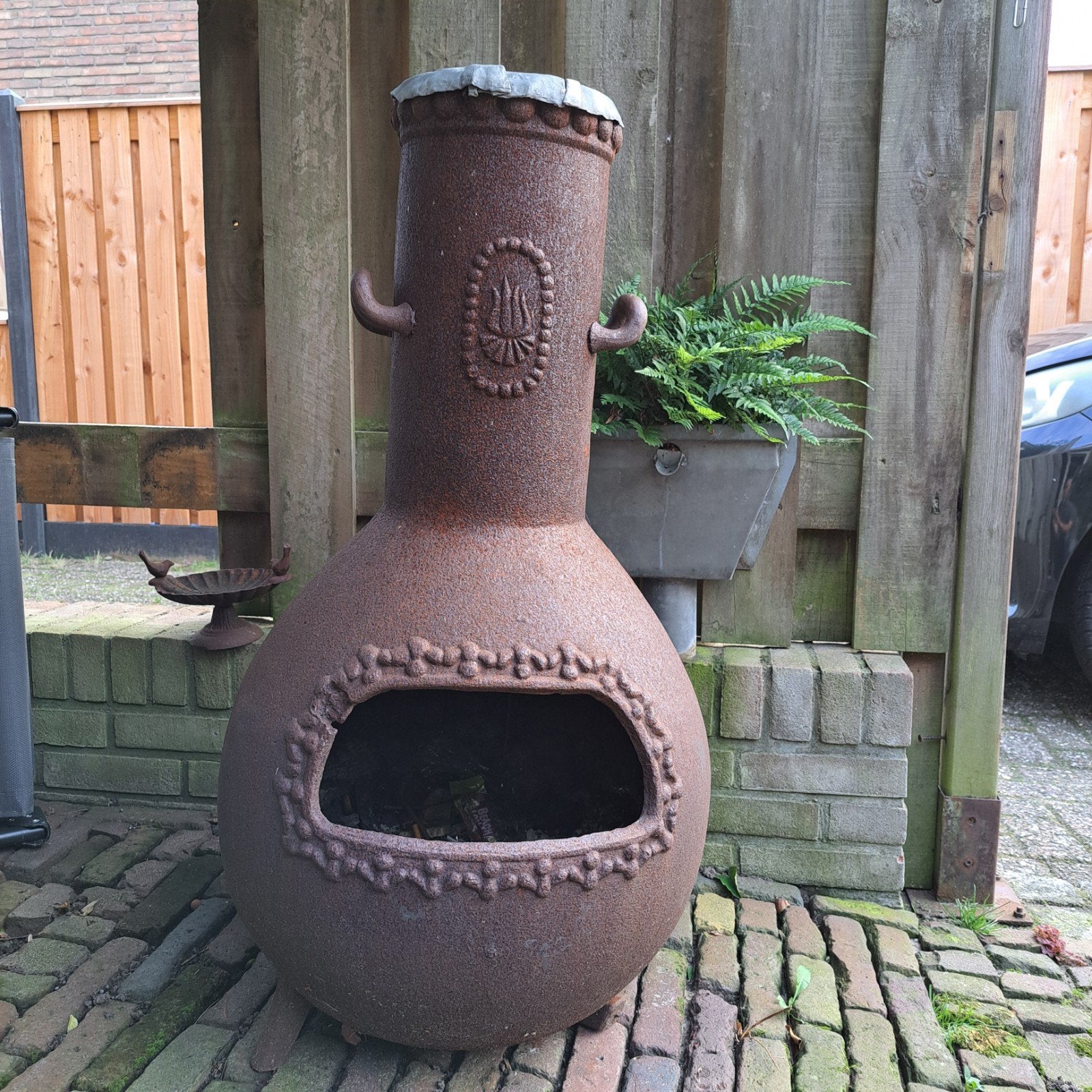 Rustieke gietijzeren terrashaard - Buitenhaard, Tuin en Terras, Ophalen, Gebruikt
