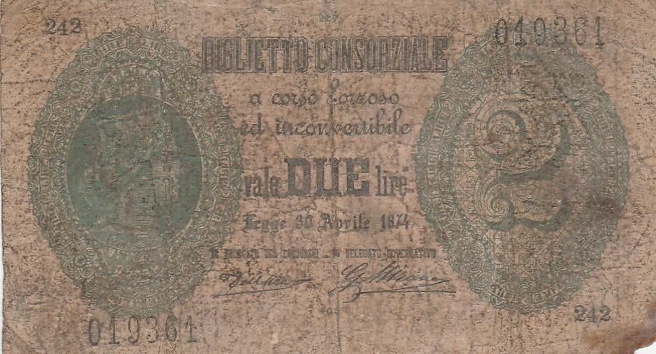 Italia 2 lire 30-04-1874, Ophalen of Verzenden, Italië, Los biljet