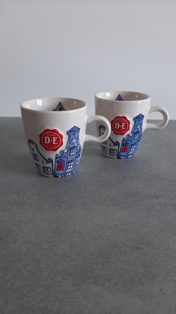 DE Hollandsche Waaren kopjes Zaans blauw wit rood logo, Huis en Inrichting, Keuken | Servies, Ophalen of Verzenden, Zo goed als nieuw