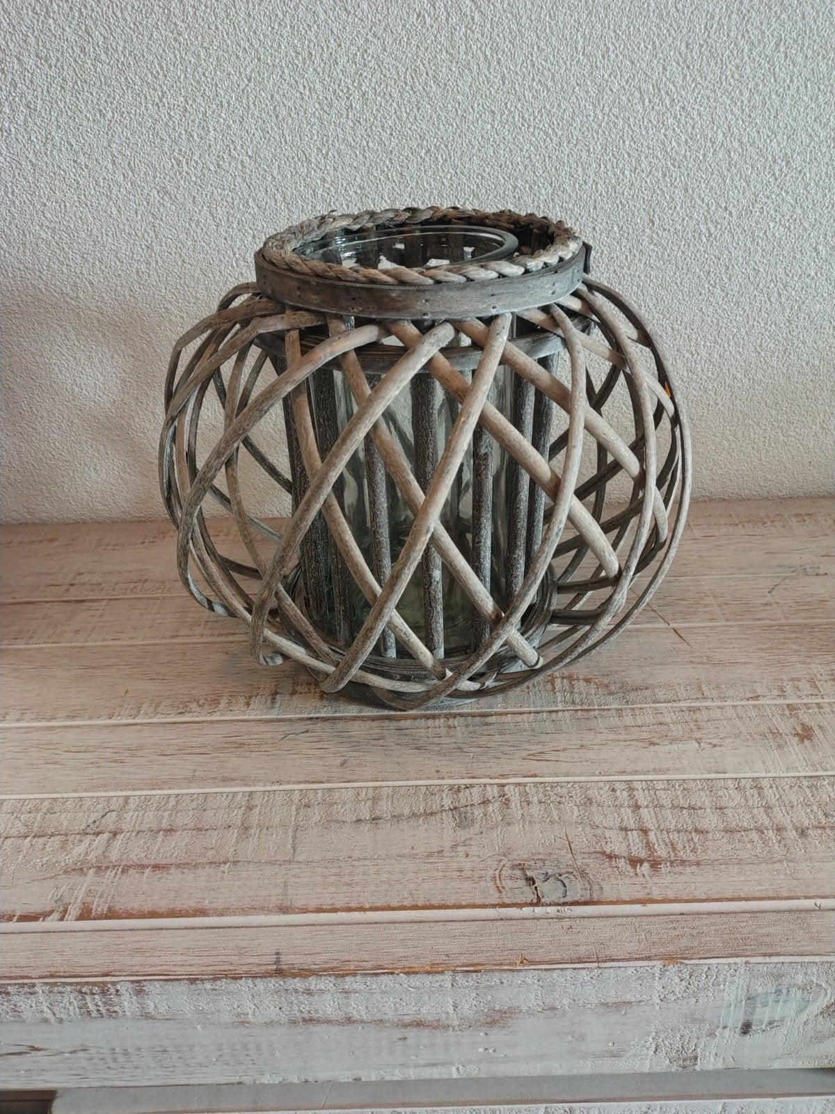 Sfeervol Windlicht van Hout en Glas, Ophalen, Windlicht, Zo goed als nieuw, Grijs