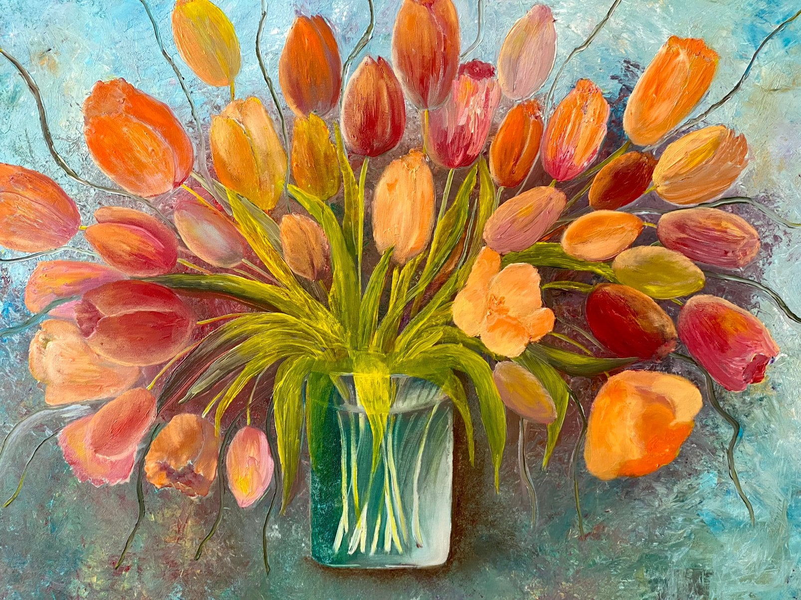 Prachtige tulpen, olieverf schilderij. 120X100 cm., Olieverf, Bloemen, Textiel, Ophalen