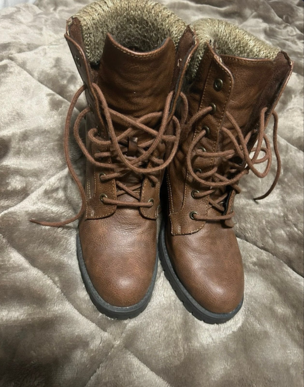 Primark Bruine Veterlaarzen met Gebreide Rand - Maat 40, Ophalen of Verzenden, Zo goed als nieuw, Bruin, Lage of Enkellaarzen