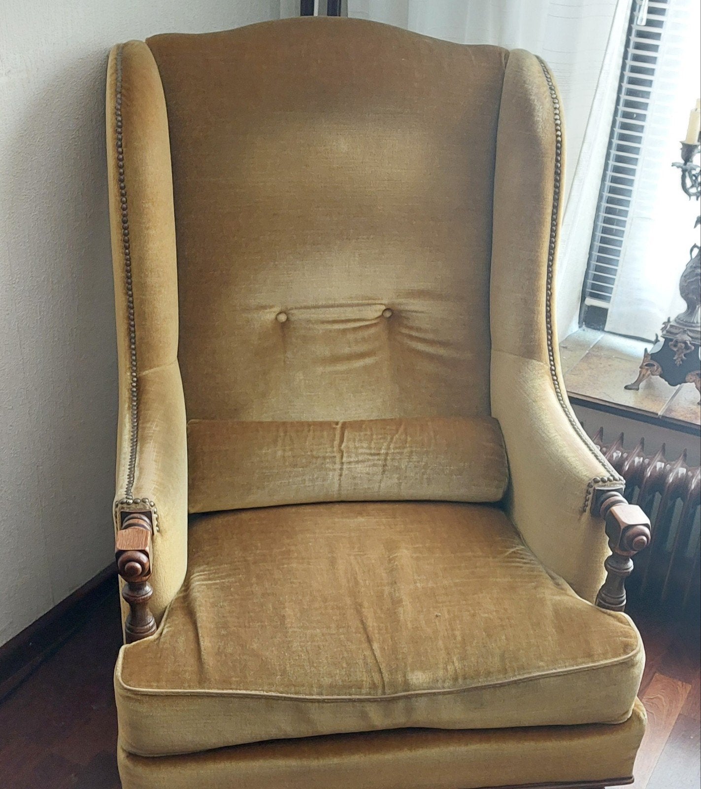 Vintage Okergele Fauteuil - Comfortabele Wingback Stoel, Hout, Gebruikt, Overige kleuren, Eén