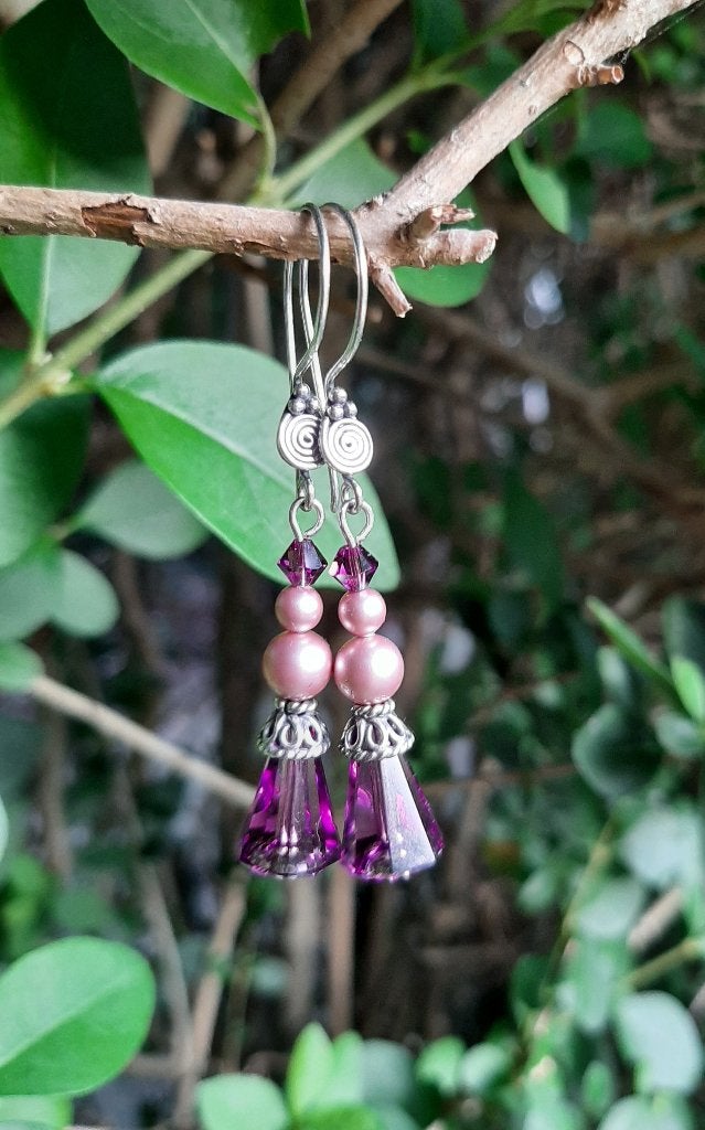 Oorbellen Purple Artemis swarovski kristal-parels zilver, Hangers, Paars, Nieuw, Zilver