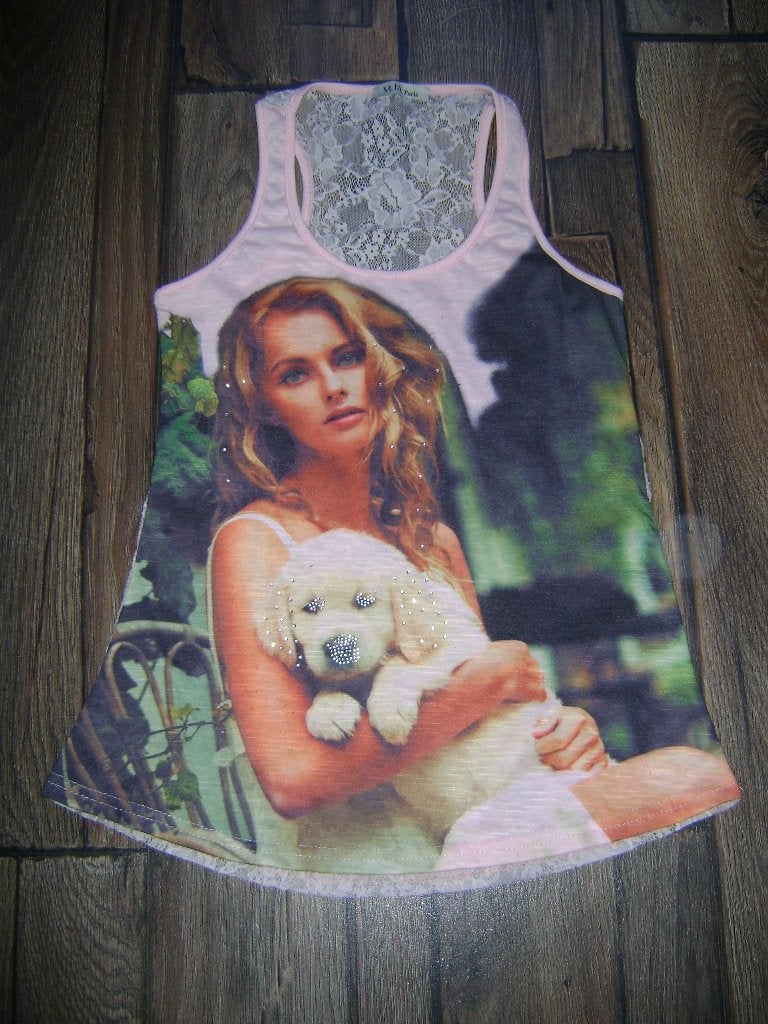 Top met print, strass en kanten rug - maat S, Kleding | Dames, Overige kleuren, Ophalen of Verzenden, Gedragen, Maat 36 (S)