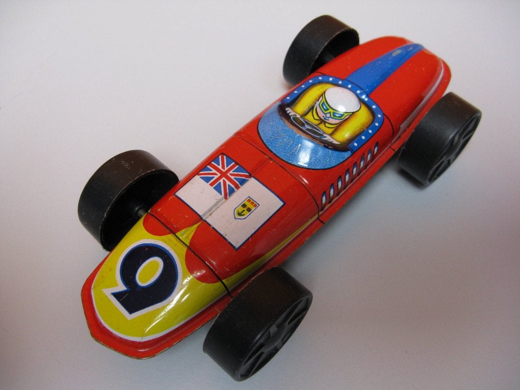 retro vintage blikken raceauto met plastic wielen, Ophalen of Verzenden