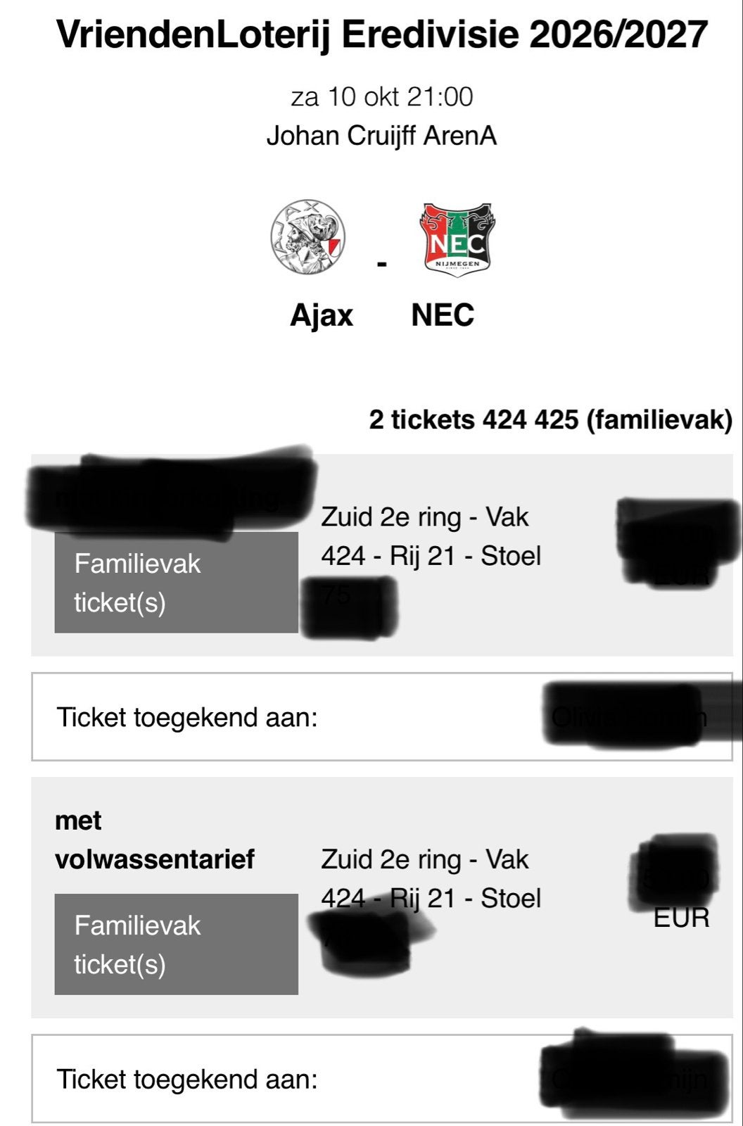 2 kaarten ajax nec f side jubileum!!!, Twee personen, Maart