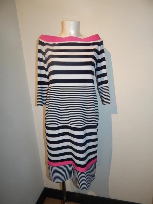 Joseph Ribkoff zwart wit stretch jurk roze accenten mt 38, Maat 38/40 (M), Joseph Ribkoff, Zo goed als nieuw, Knielengte
