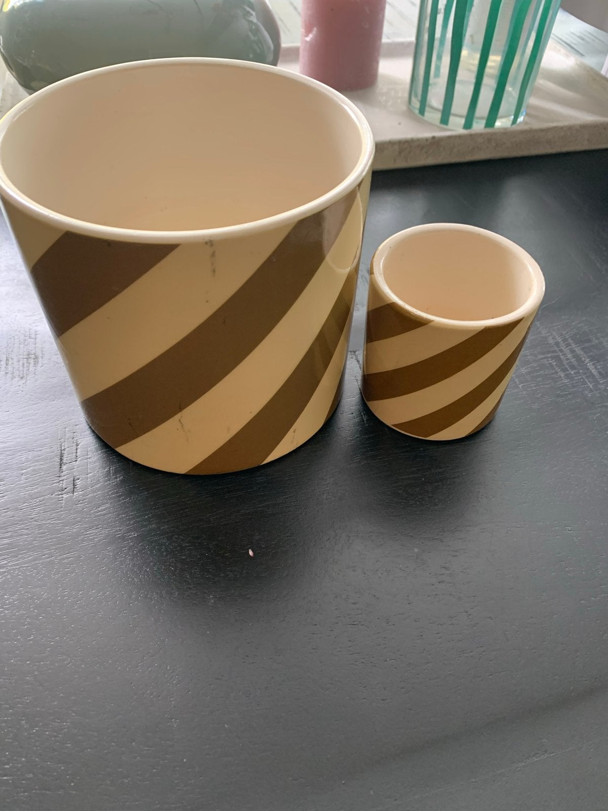 Set van 2 bloempotten met streepdesign, Huis en Inrichting, Ophalen of Verzenden, Gebruikt, Goud, Vintage