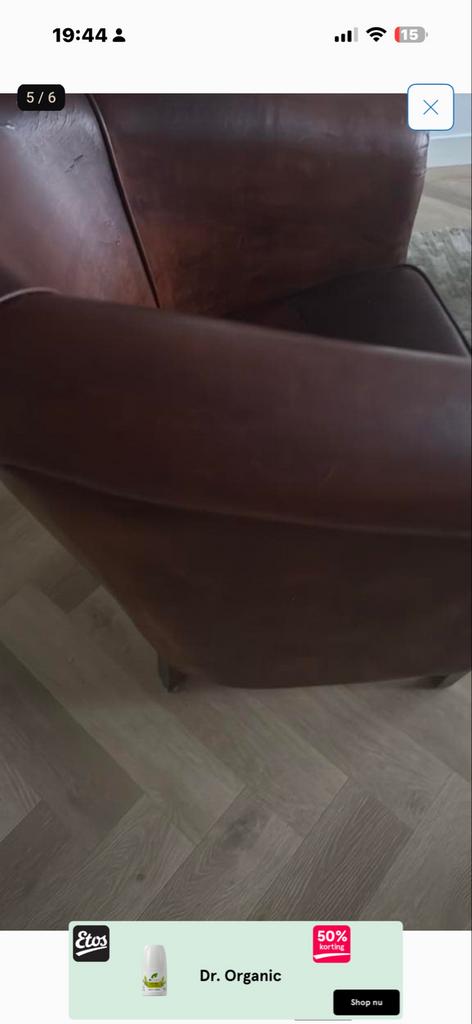 Vintage schapen lederen fauteuil - TLC nodig, Ophalen, Gebruikt, Leer, 75 tot 100 cm