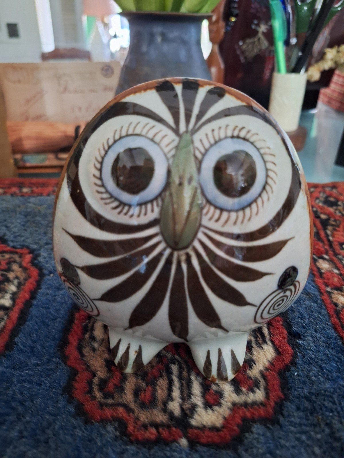 Mooie  keramieken uil Mexico uiltje vogel groen kunst staand, Ophalen of Verzenden