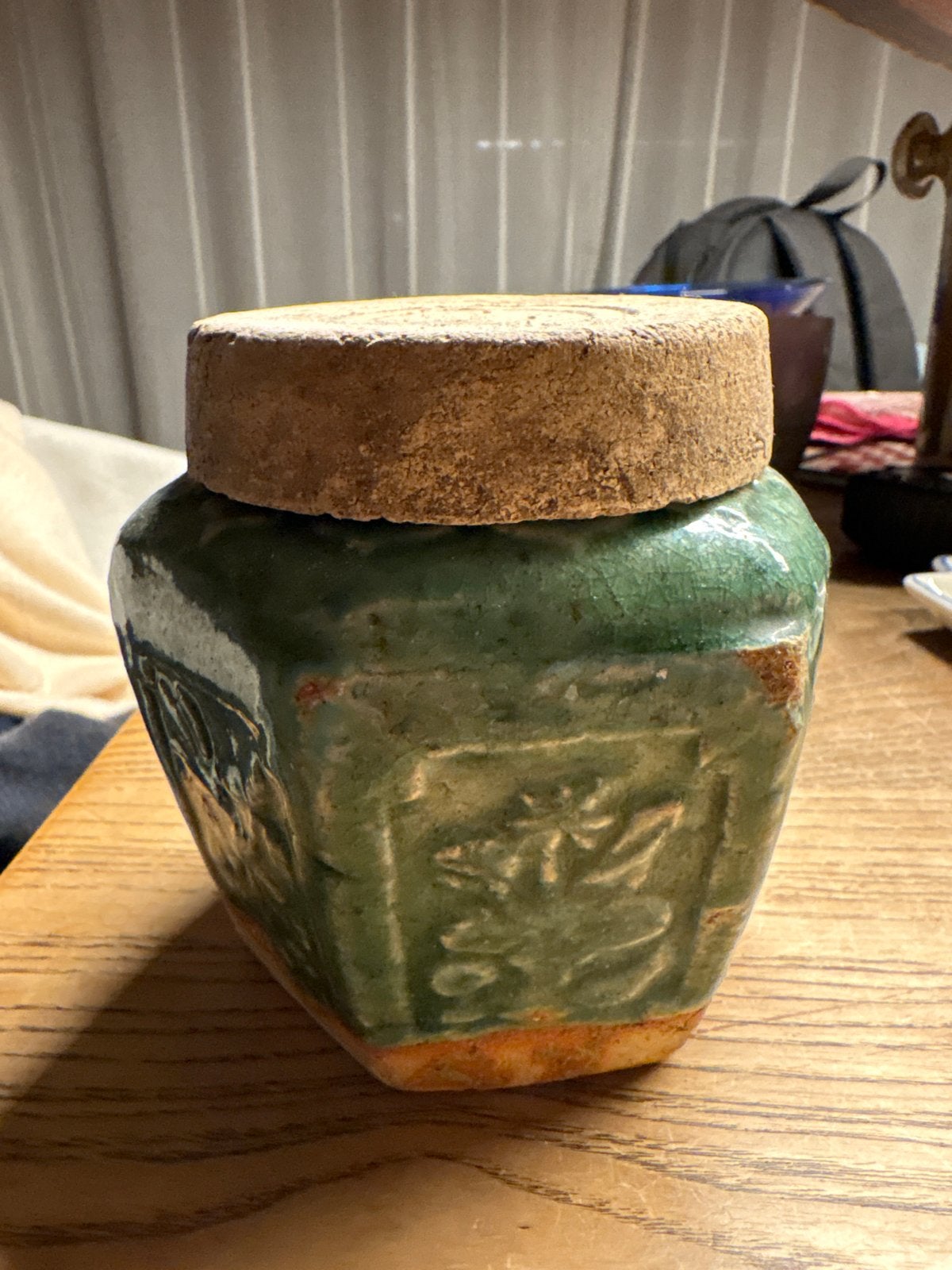 Antieke Chinese gemberpot met kurken deksel, 10 cm hoog, Ophalen
