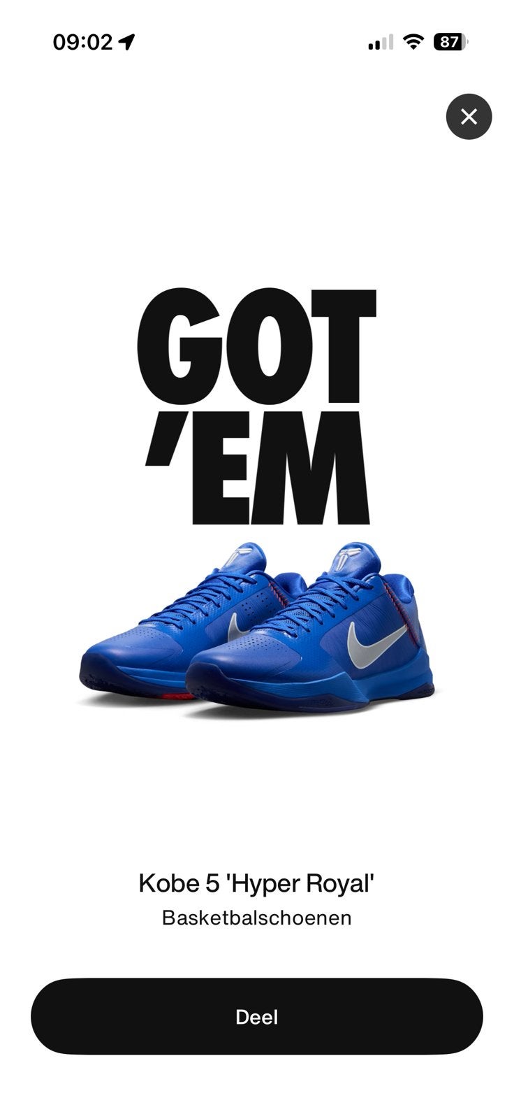 Nike Kobe 5 protro hyper royal dodgers maat 45, Blauw, Sportschoenen, Nieuw, Ophalen of Verzenden
