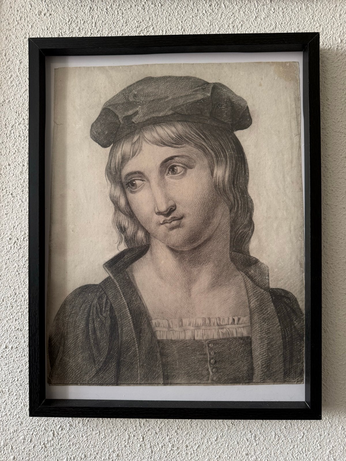 Antieke Gravure: Portret van een Jonge Vrouw met Hoofddeksel, Ingelijst, 1800 - 1899, Verzenden, Overige technieken