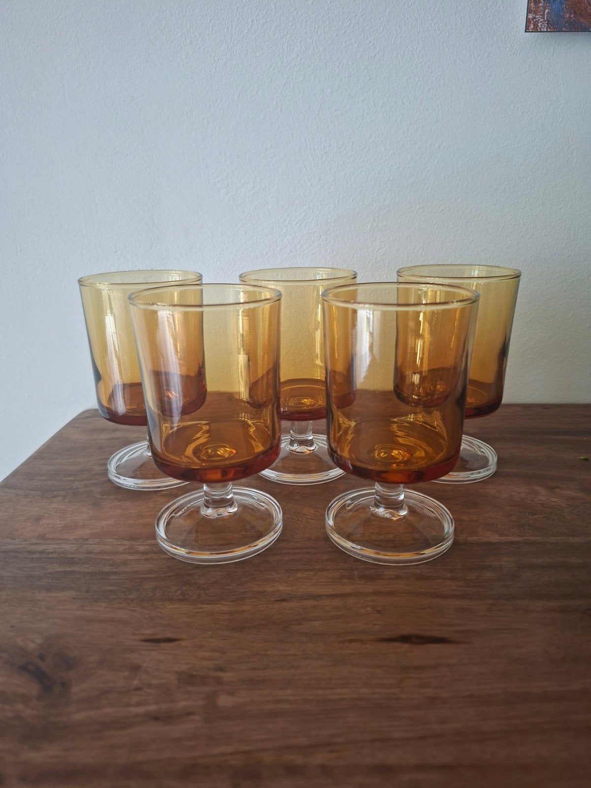 Set van 5 stuks okergele glazen Luminarc France cavalier, Ophalen of Verzenden, Zo goed als nieuw, Overige typen