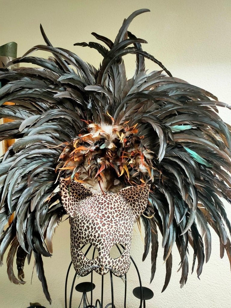 groot veren masker, Ophalen, Bruin, Masker, Handgemaakt