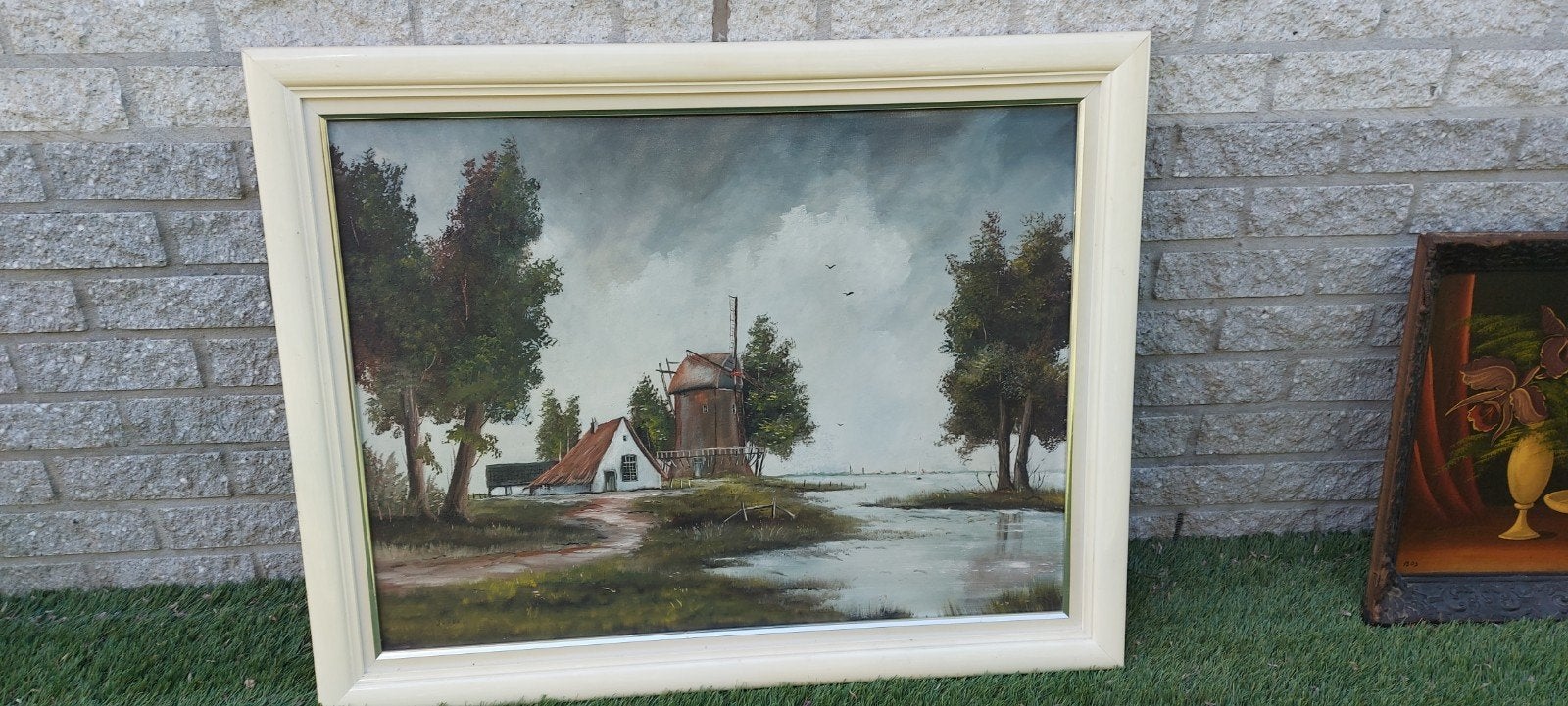 Olieverfschilderij met Hollandse molen en landschap, Antiek en Kunst, Kunst | Schilderijen | Klassiek, Ophalen of Verzenden