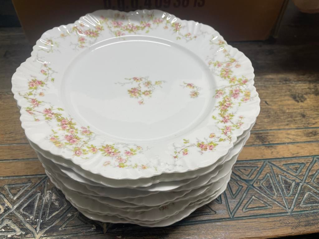 Set van 10 Antieke Porseleinen Borden met Bloemmotief, Ophalen of Verzenden