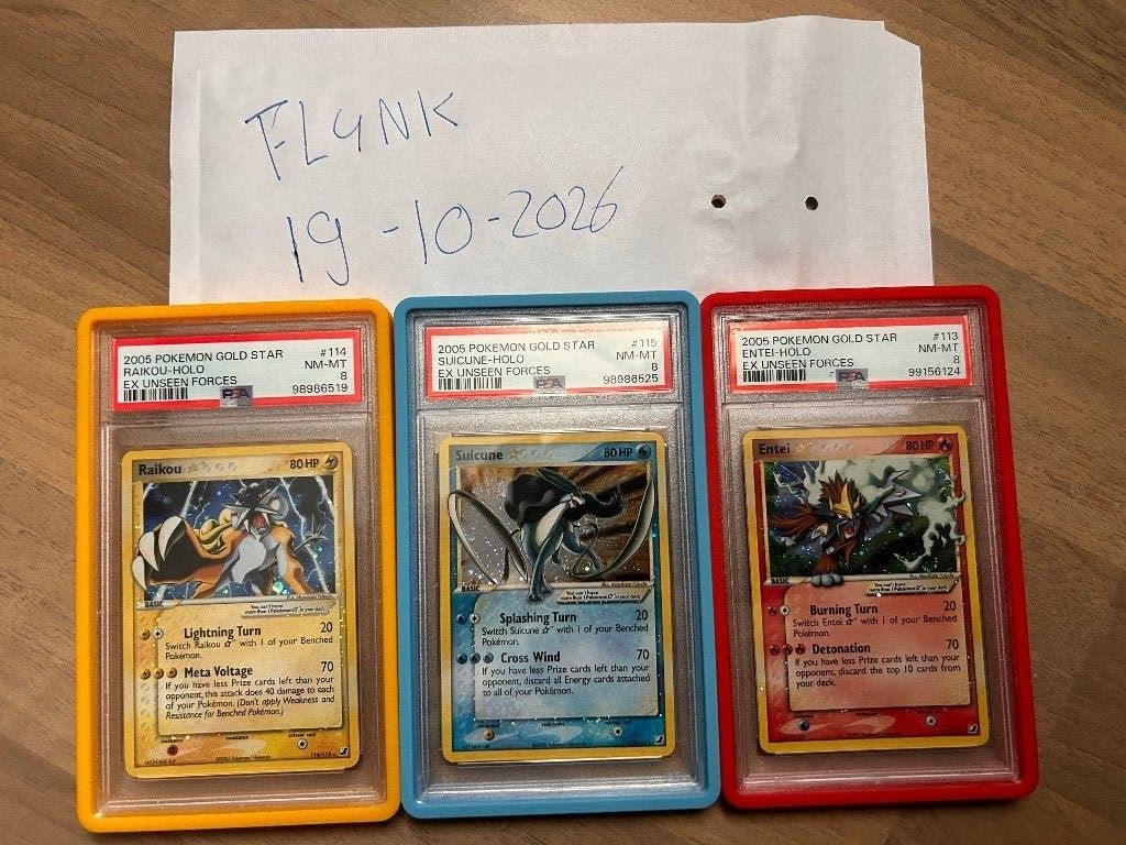 PSA 8 Gold Star Suicune, Entei en Raikou, Ophalen, Zo goed als nieuw, Meerdere kaarten, Foil