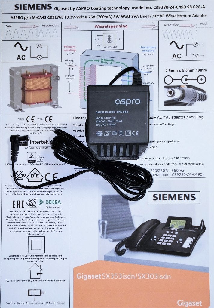 ASPRO C39280-Z4-C490 SNG28-A 10.3V 716mA AC AC Adapter Lader, Ophalen of Verzenden, Zo goed als nieuw, 1 handset