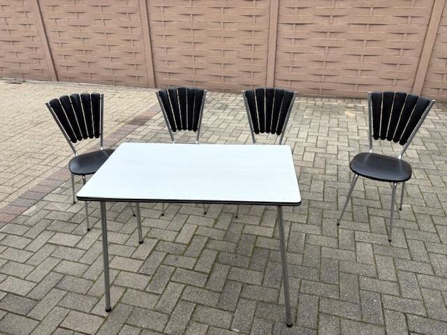 Vintage formica eethoek met 4 waaierstoelen., Ophalen, Gebruikt, 100 tot 150 cm, 50 tot 100 cm