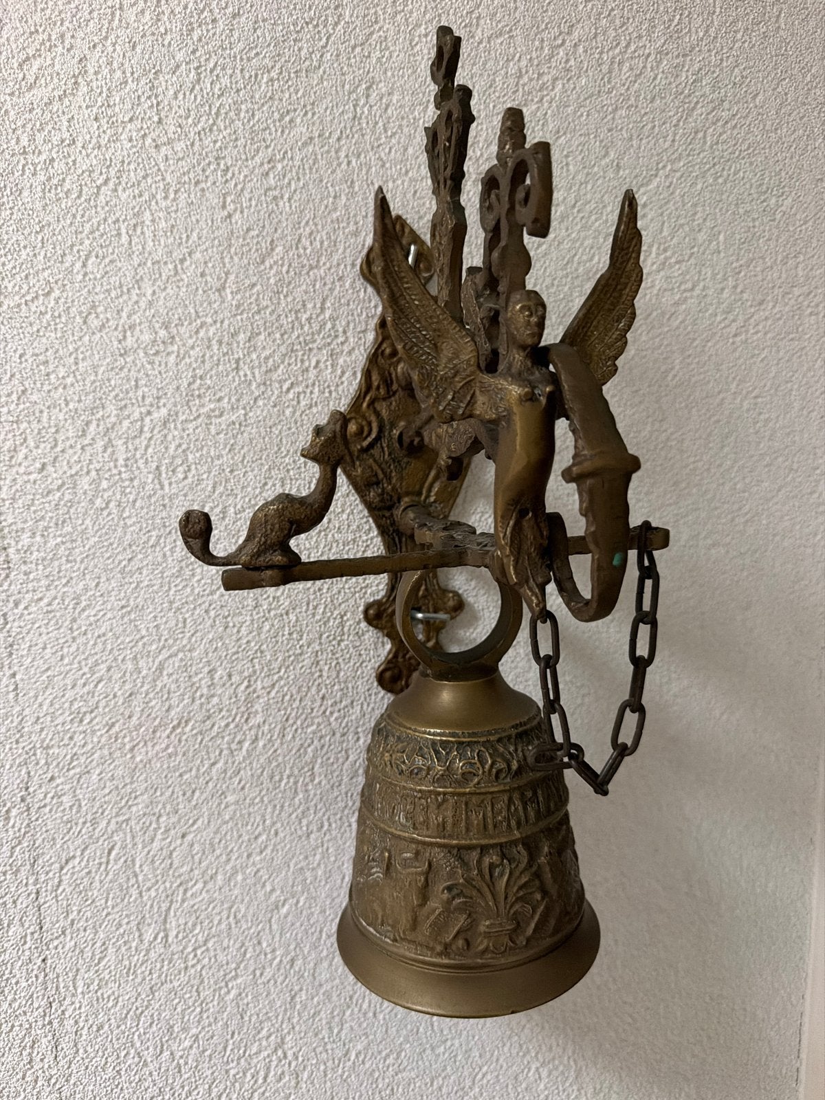 Antieke bronzen deurbel met engel en draak, Ophalen of Verzenden