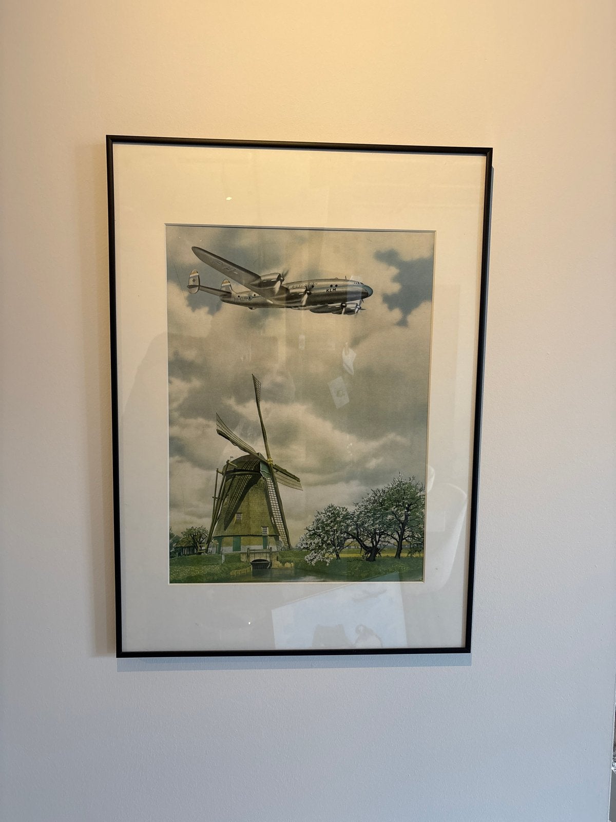 Vintage KLM Constellation Vliegtuig en Molen Print, Ophalen of Verzenden, Gebruikt, Kaart, Foto of Prent