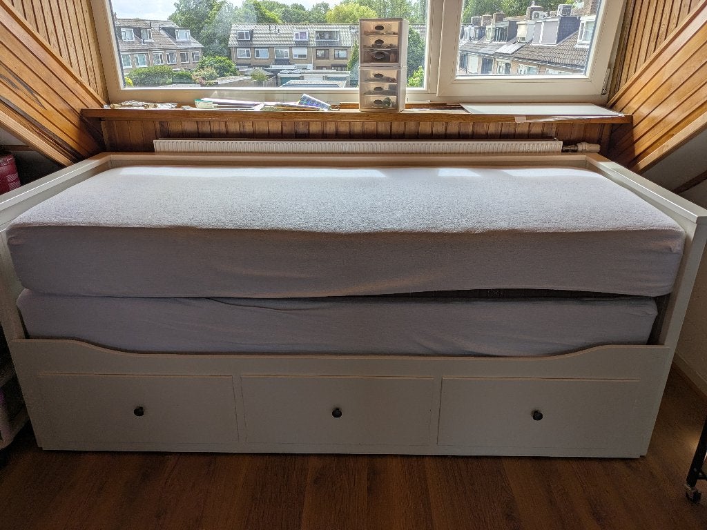 Ikea Hemnes eenpersoonsbed uitschuifbaar bedbank met 3 lades, Ophalen, Gebruikt, Eenpersoons, Wit