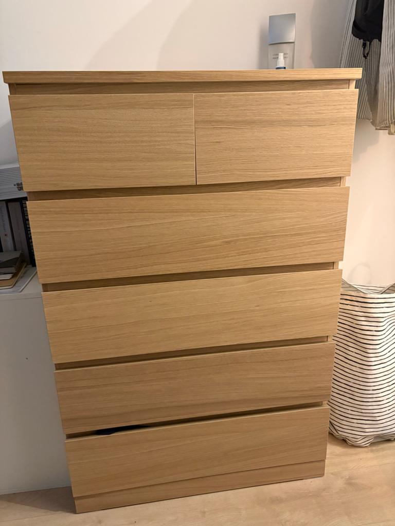 IKEA MALM Ladekast - 6 lades, eikenfineer, 5 laden of meer, 100 tot 150 cm, Eikenhout, Zo goed als nieuw
