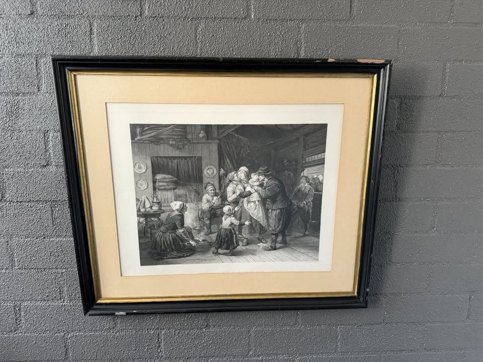 Antieke Gravure: Gezellig Gezin in Huiselijke Sfeer, Antiek en Kunst, Ophalen, Portret of Personen, Ingelijst, Klassiek