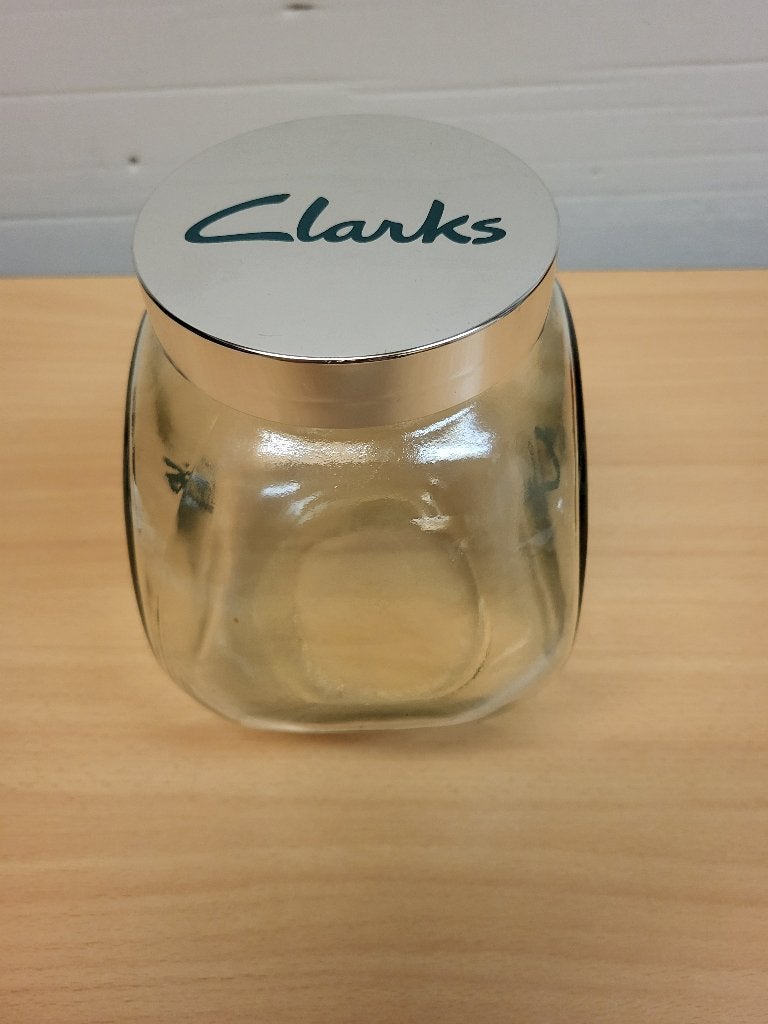 Glazen pot met opdruk clarks., Ophalen of Verzenden, Gebruikt, Glas