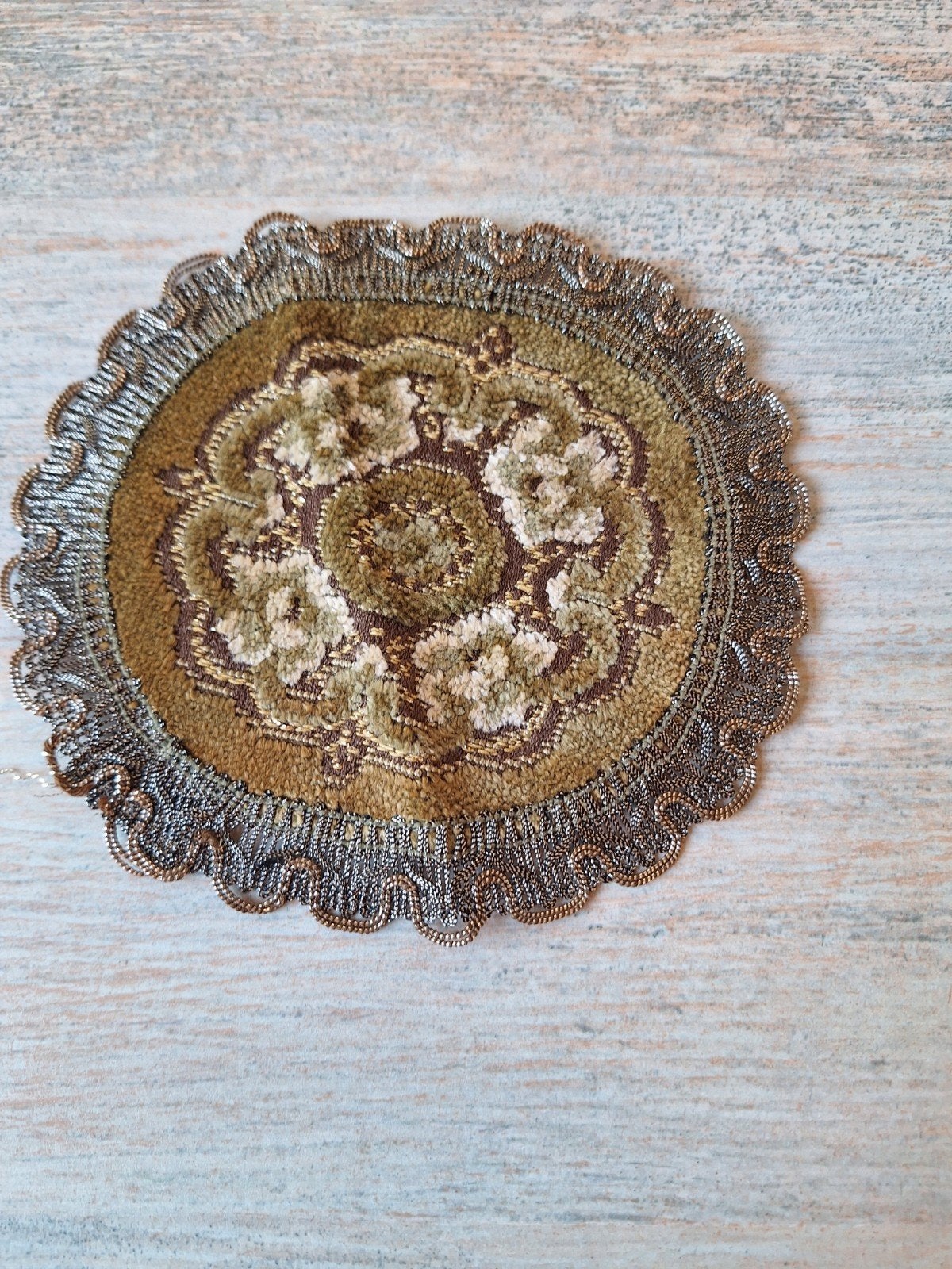 Vintage Belgisch fluwelen kleedje, groen-bruin bloemen, Huis en Inrichting, Ophalen, Minder dan 50 cm, Gebruikt, 50 tot 100 cm