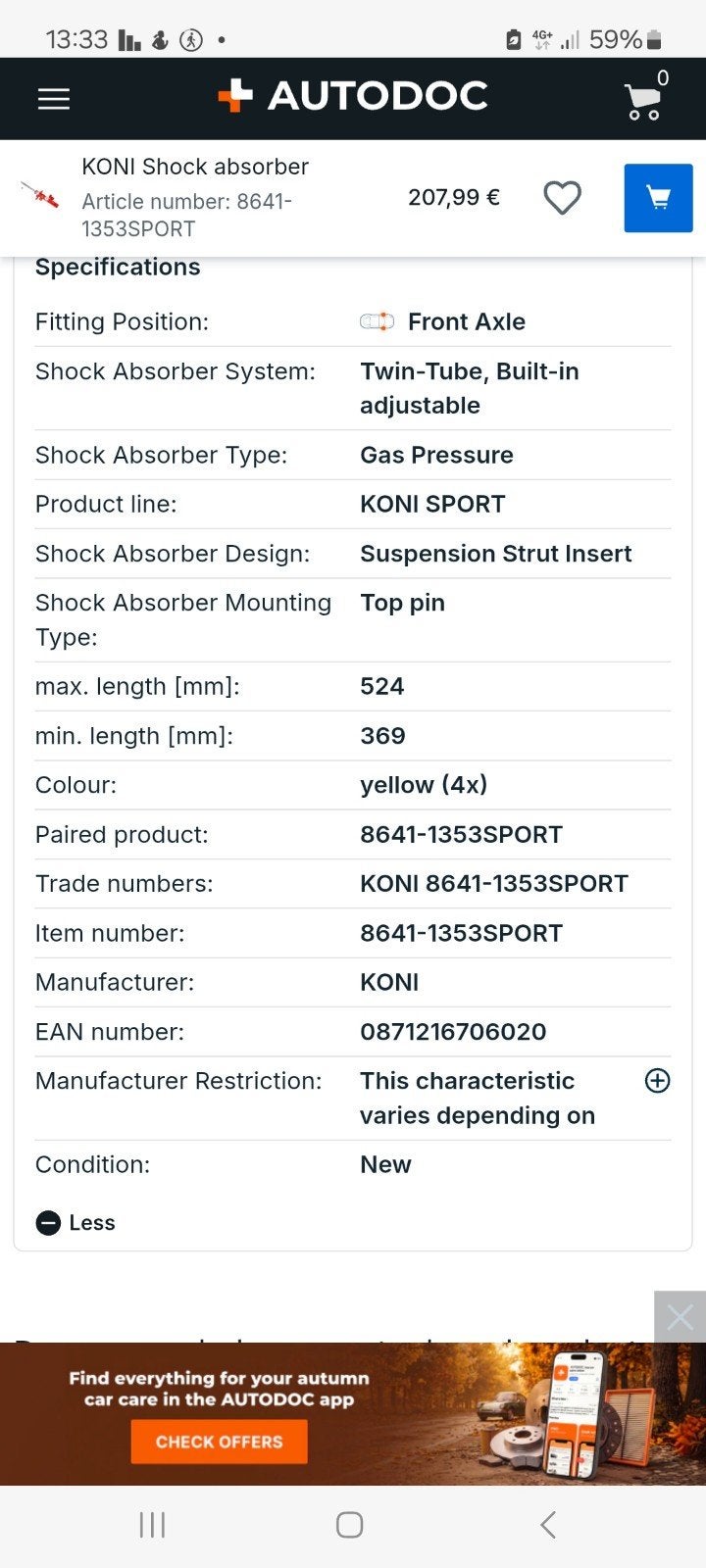 KONI Schokdemper 8641-1353SPORT Toyota starlet glanza, Ophalen of Verzenden, Nieuw, Toyota