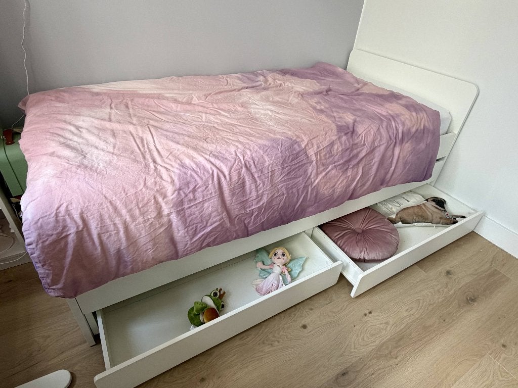 IKEA SLÄKT Bed met onderbed en 2 lades, wit, 90x200 cm, 85 tot 100 cm, Zo goed als nieuw, 180 cm of meer, Ophalen