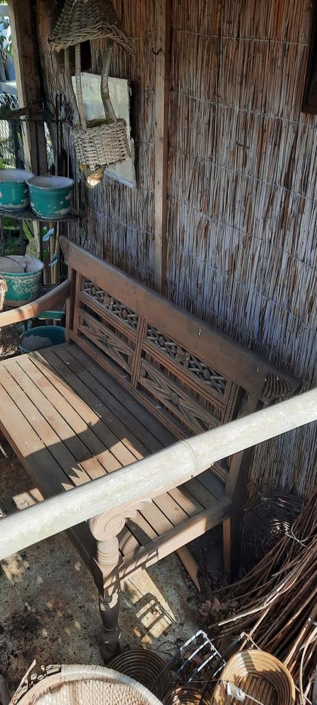 Antieke  teak houten bank met houtsnijwerk, Antiek en Kunst, Ophalen