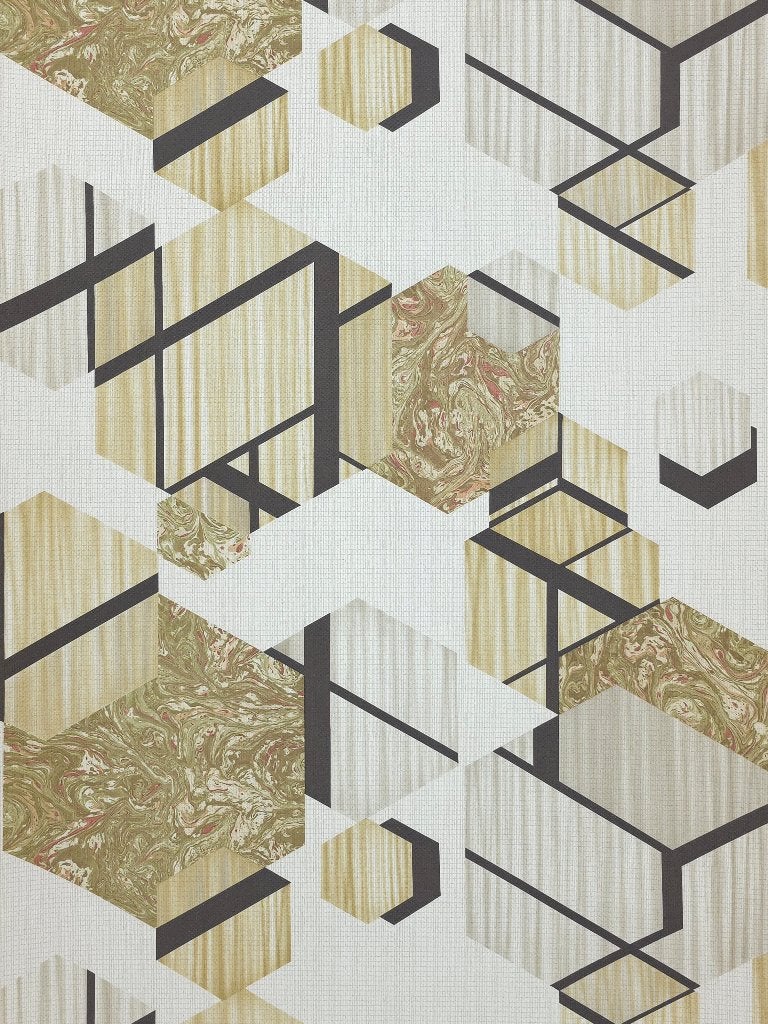 5604 Oud 70s behang met geometrisch kubusmotief swiet, Ophalen of Verzenden, Beige