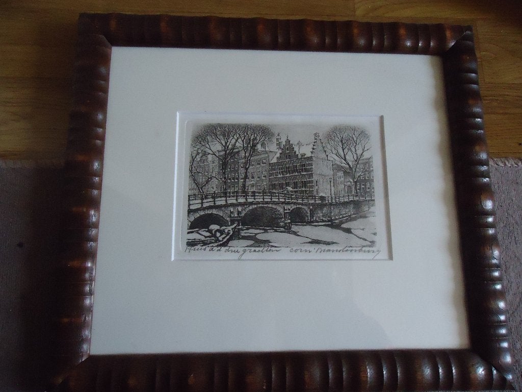 Cornelis Brandenburg - Amsterdam - Huis a/d drie grachten, Gesigneerd, 28 cm, Ets, Stadsgezicht