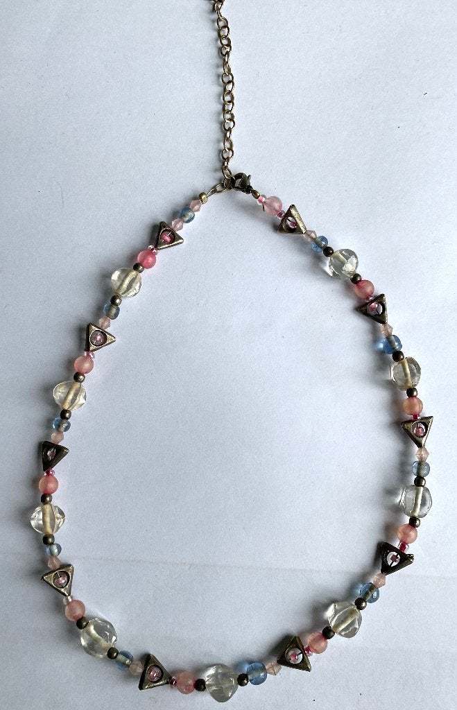 Roze/blauw/doorzichtig/zilverkleurige kralenketting, Kunststof, Verstelbaar, Blauw, Ophalen of Verzenden