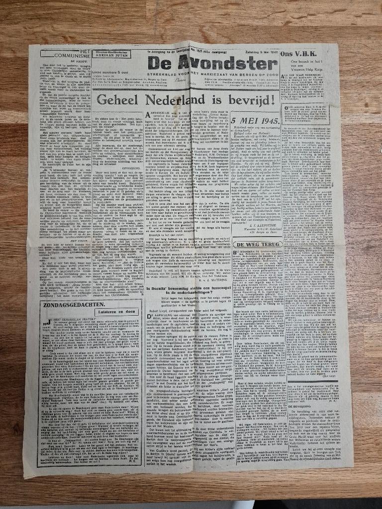 Wo2 illegale pers verzetskrant De Avondster, 5 mei 1945, Verzamelen, Militaria | Tweede Wereldoorlog, Ophalen of Verzenden, Nederland